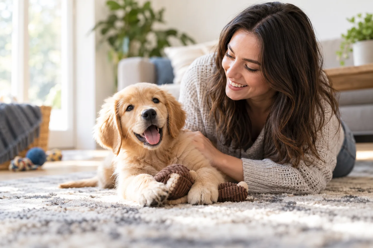 Young-looking golden-colored dog playing with rope toy beside owner